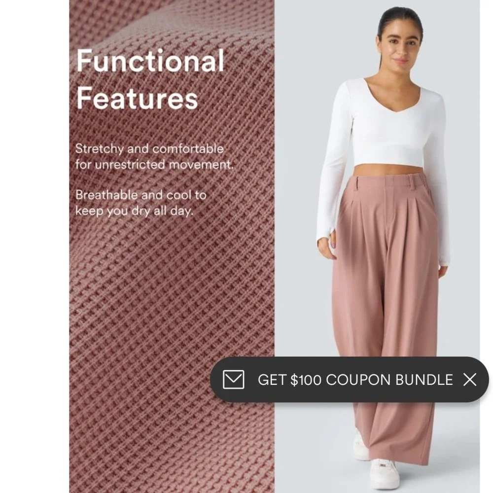 Halara Waffle Knit‎ High Waisted Wide Leg Pleated Pants Dusty Rose Pink Medium P